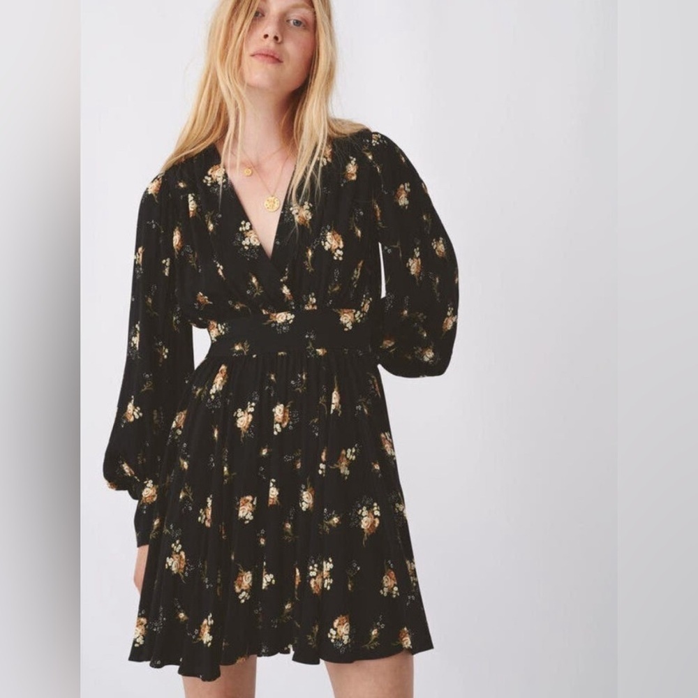 Maje Rasmus Floral Print Skater Long Sleeve Mini Dress Sz:34/US XS